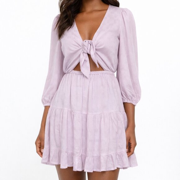Lush Dresses & Skirts - Lush Lilac Tie Front Cutout Mini Dress M Textured Balloon Sleeve Tiered Lavender
